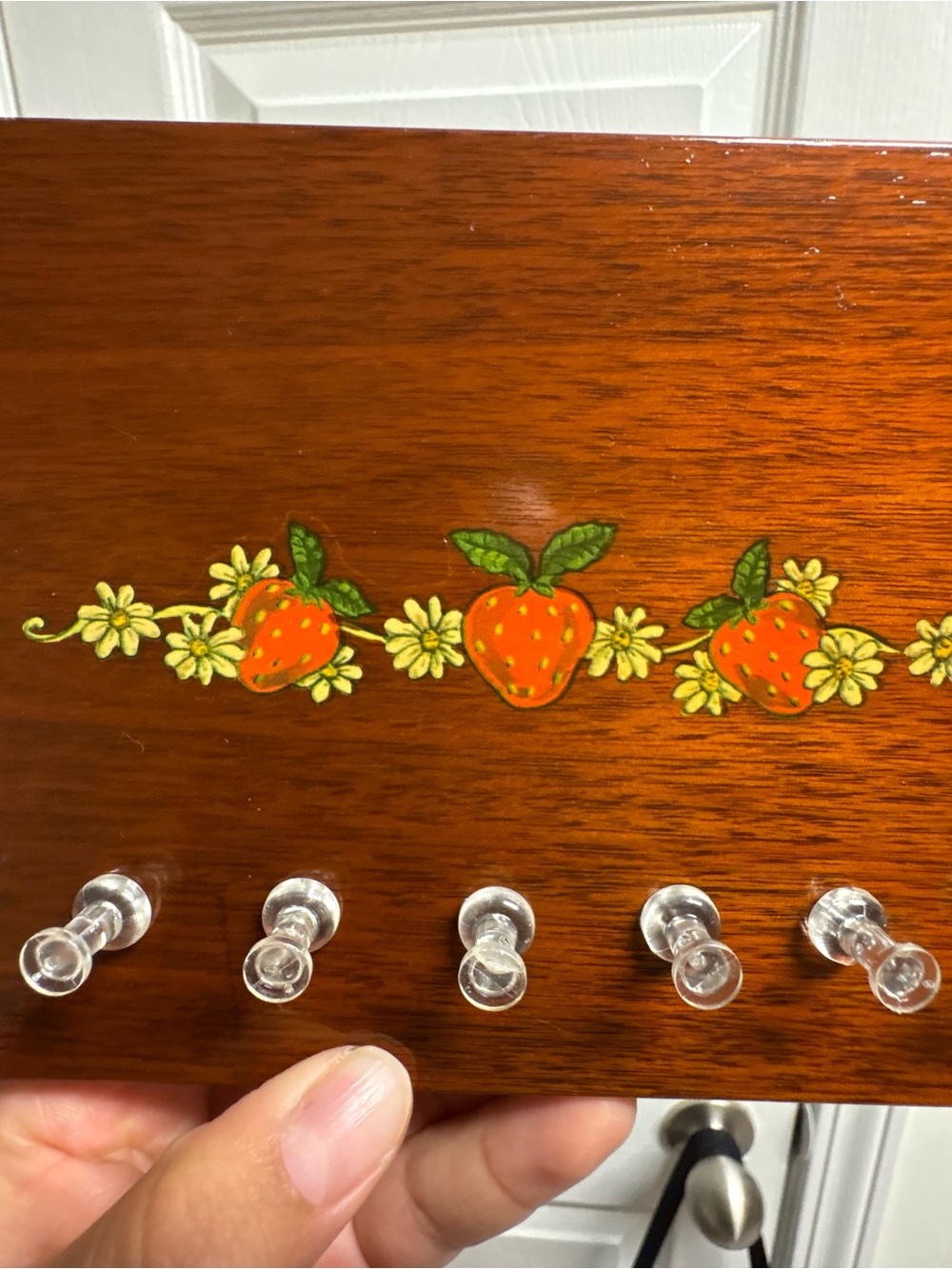 Wood Coat Rack Panel Brown 11-16 Clear Plastic Hooks Strawberry Decal